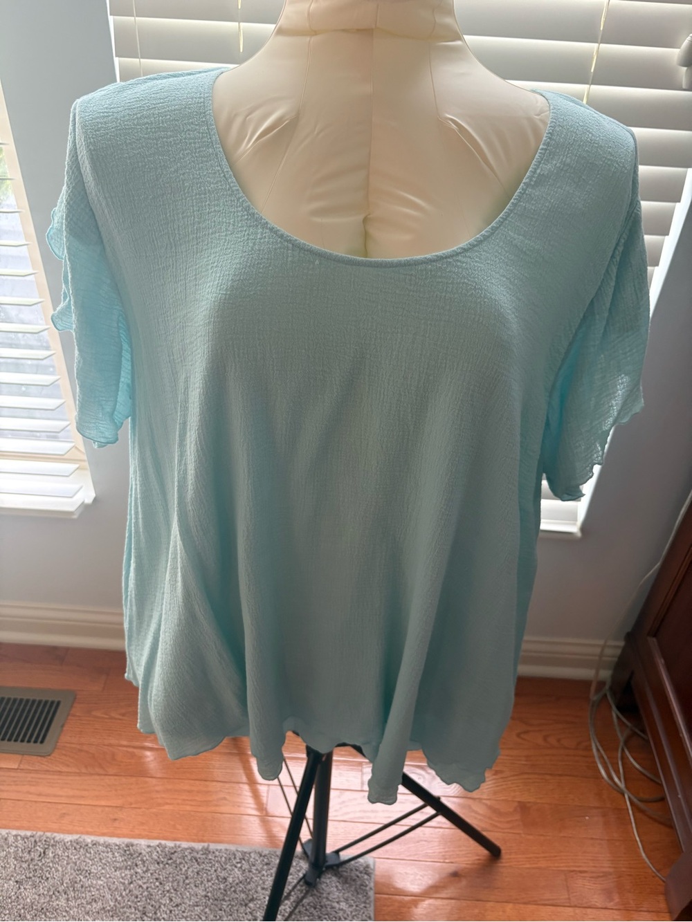 Soft Surroundings 2X Aqua Blue Textured Cotton Flutter Sleeve Top